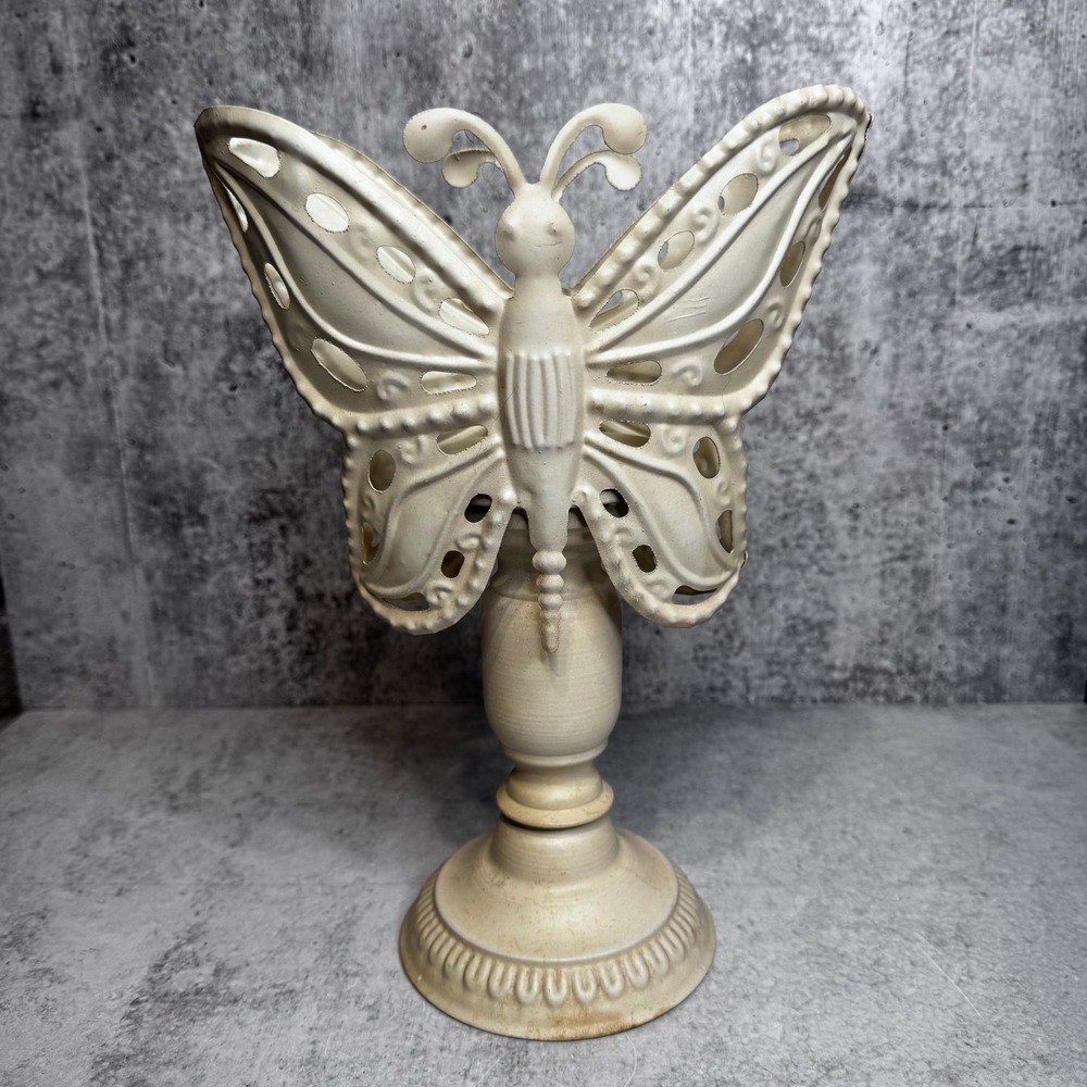 Cream Metal Butterfly Pillar Candle Holder Pedestal Distressed Shabby Chic